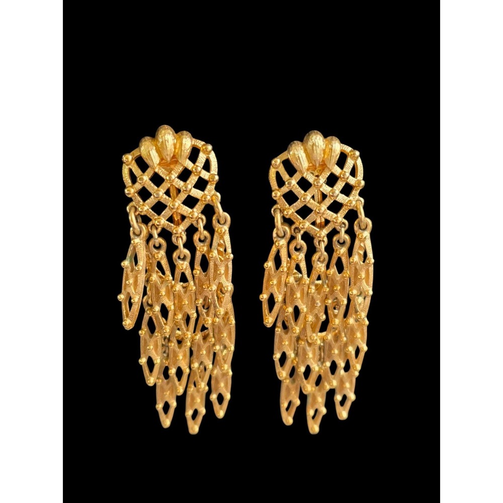 Monet Gold Tone Textured Dangle Clip On Earrings Vintage Signed Jewelry